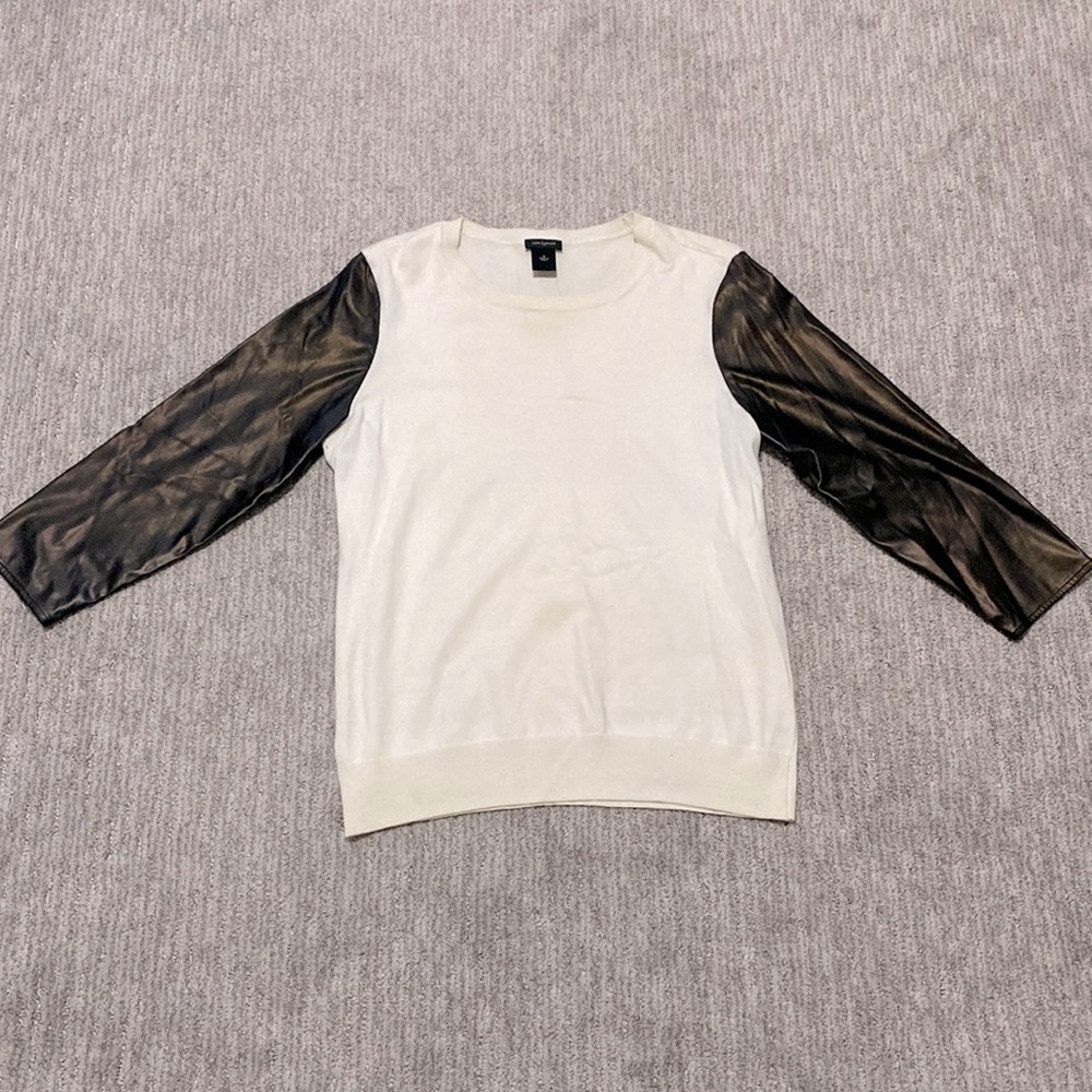 Ann Taylor white sweater with faux leather sleeves